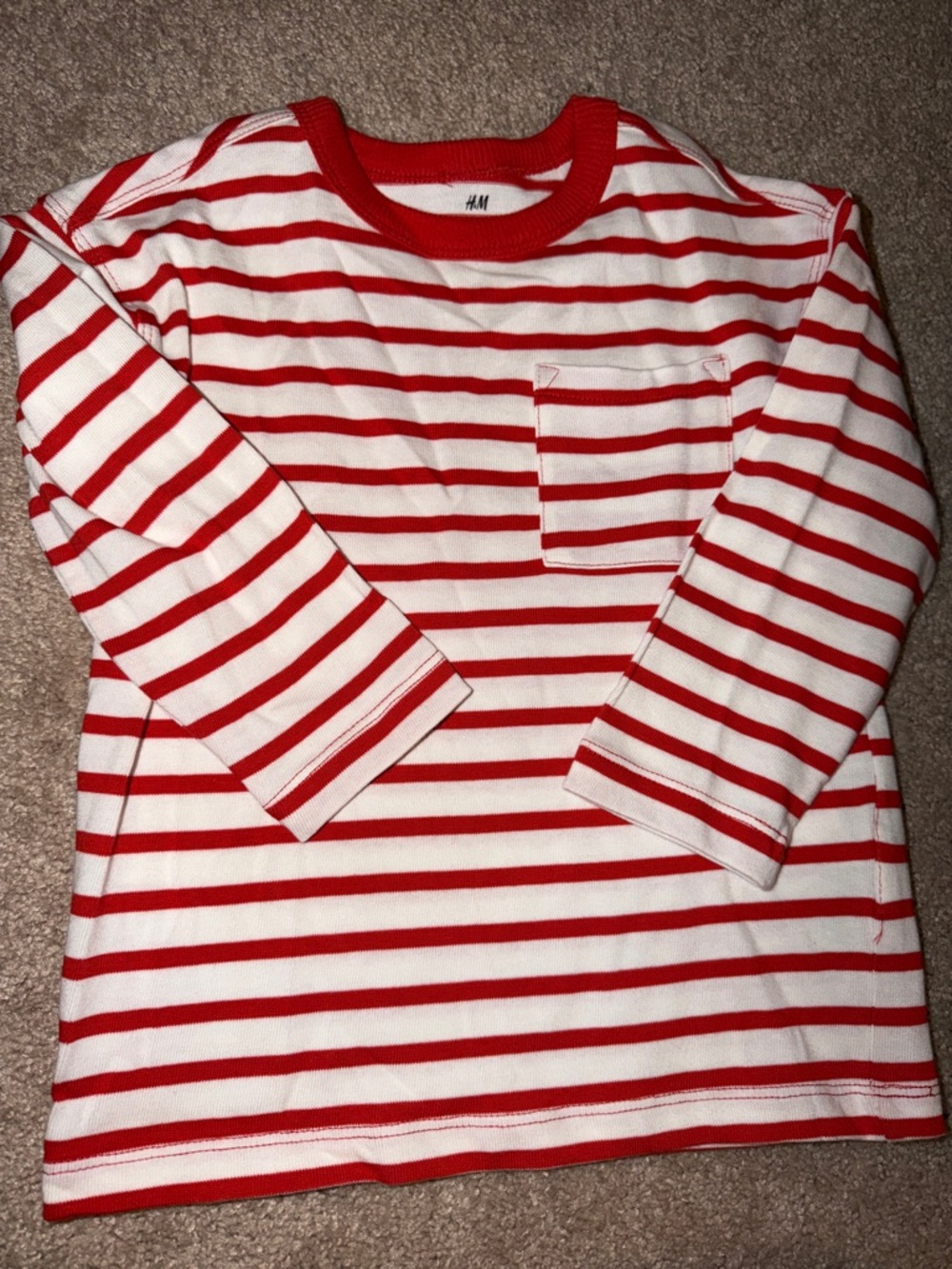 H&M Red & White Striped Long Sleeve Tee with Chest Pocket